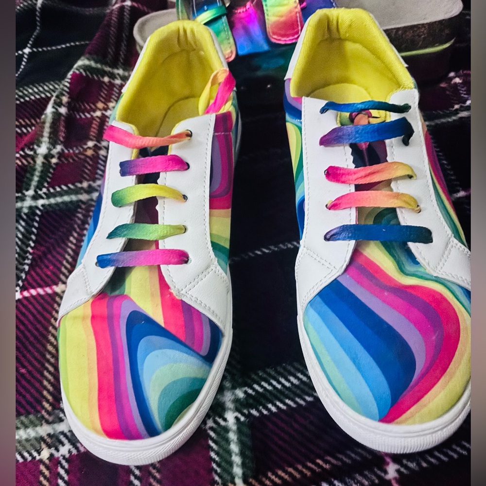 Bright rainbow and white shoes with rainbow laces, women’s size 10
